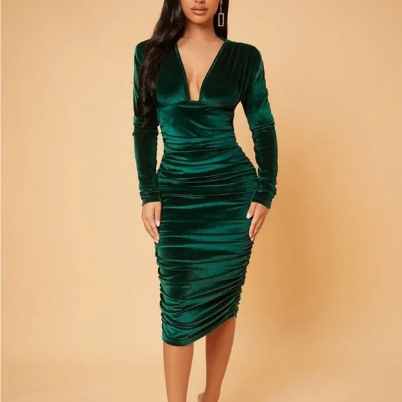 chinese dress ladies The Jaclyn Velvet Deep V Long Sleeve Bodycon Mini Holiday Dress Plum   ShopAA